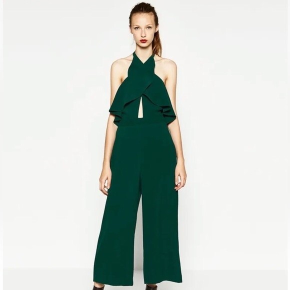 Zara Emerald Green Ruffle Detail Backless Halter Top Jumpsuit- Size Small - Picture 1 of 7